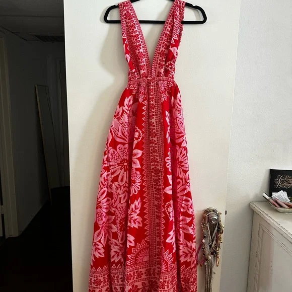farm rio red and white dress Red Tropical Cross Stitch Embroidered Midi Dress  FARM Rio